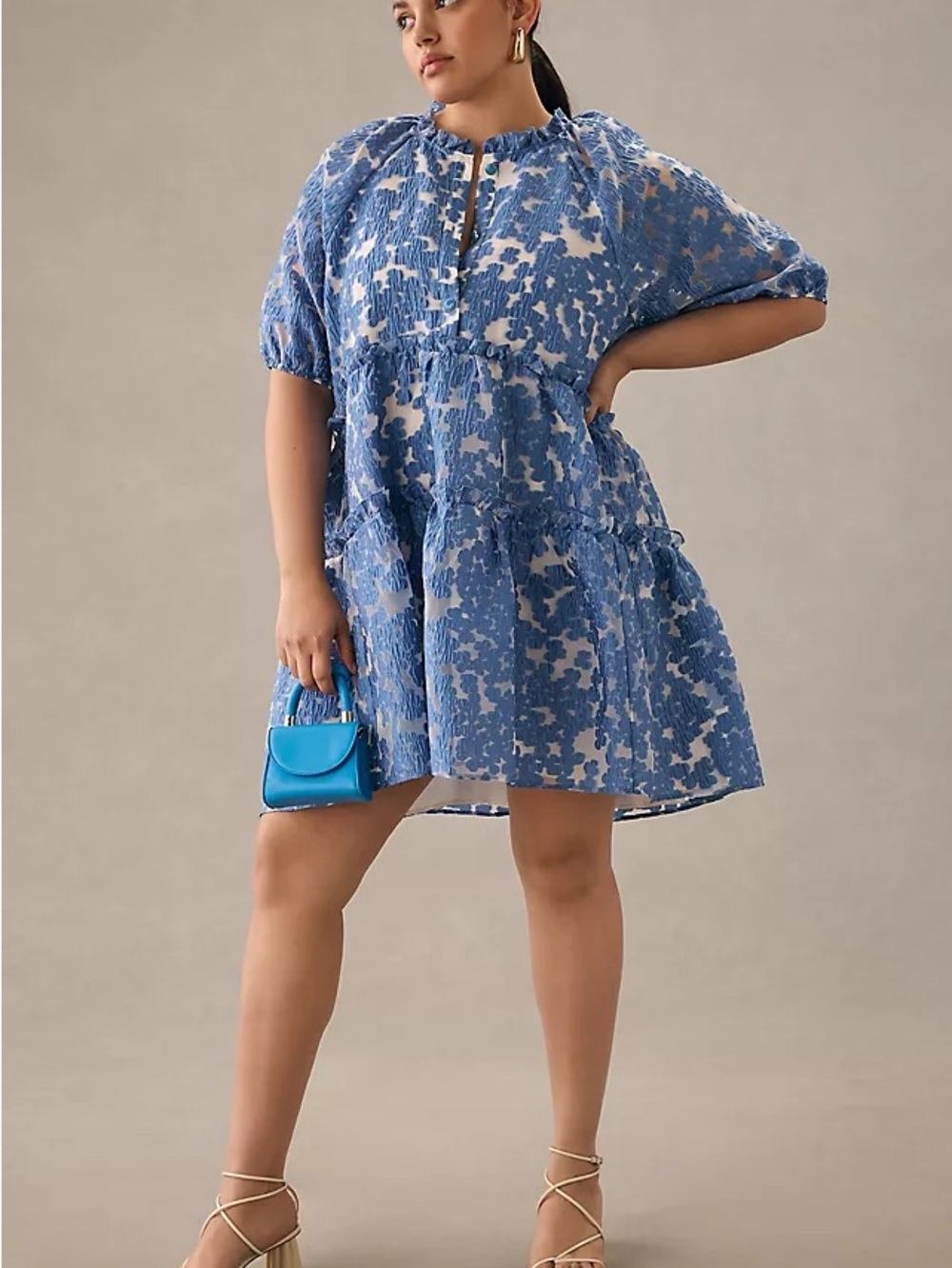Anthropologie Maeve Tiered Jacquard Dress Blue and White Floral Mini Dress
